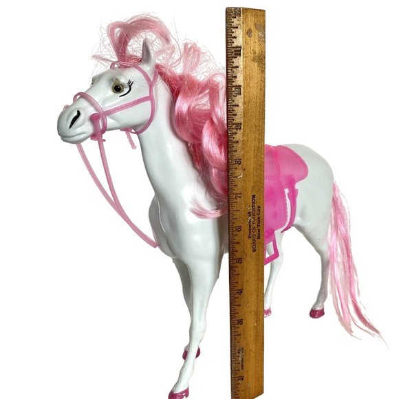 White Blow Mold Horse With Pink Hair Hooves Saddle Bridle 11in Tall - Picture 16 of 16